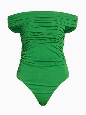 cinq a sept Green Off-Shoulder Ruched Bodysuit